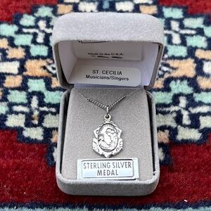 St. Cecilia Sterling Silver Oval Religious Medal Necklace 18” Chain Steel